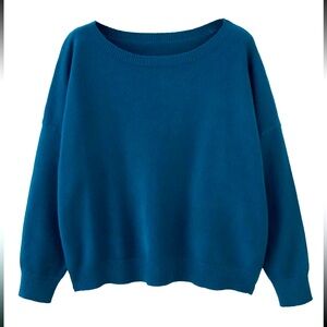 Crewneck Knit Drop Shoulder Sweater Oversized L Ocean Blue New Boutique Quality